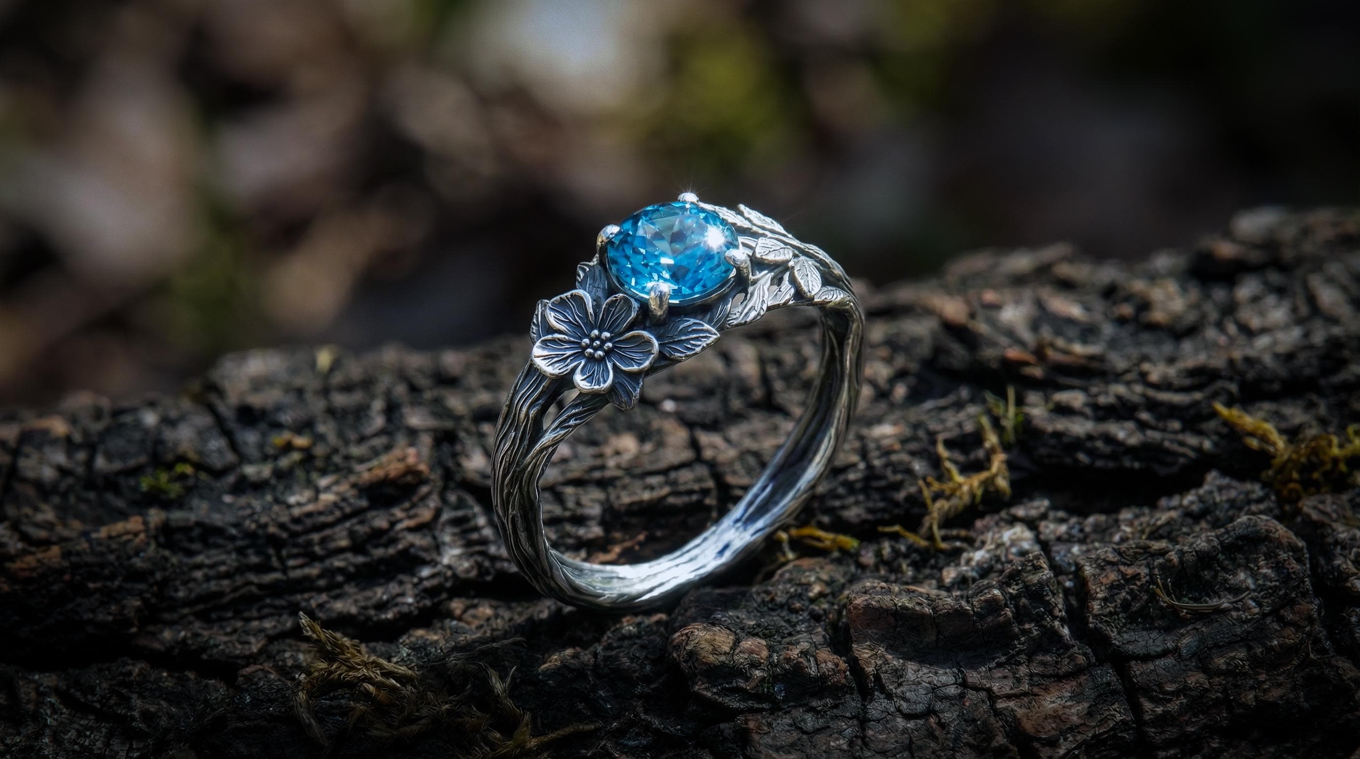 Moonstone Engagement Ring 'Flora' | Nature Inspired Jewelry | Twig ring with Flower and Rainbow Moonstone | Forest Jewelry | Gift for Her