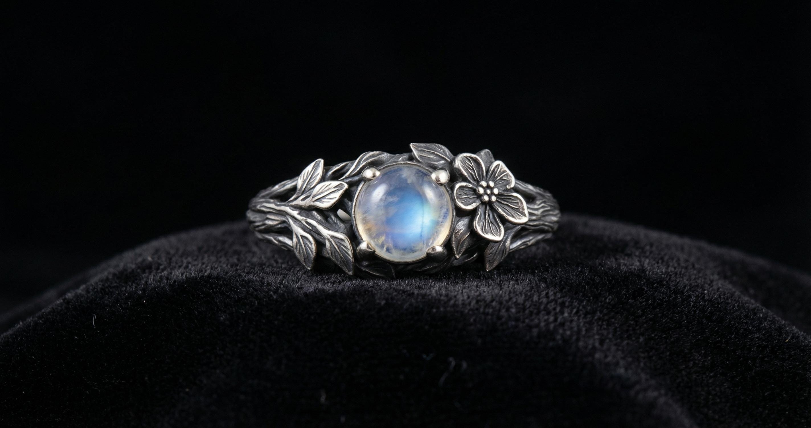 Moonstone Engagement Ring 'Flora' | Nature Inspired Jewelry | Twig ring with Flower and Rainbow Moonstone | Forest Jewelry | Gift for Her