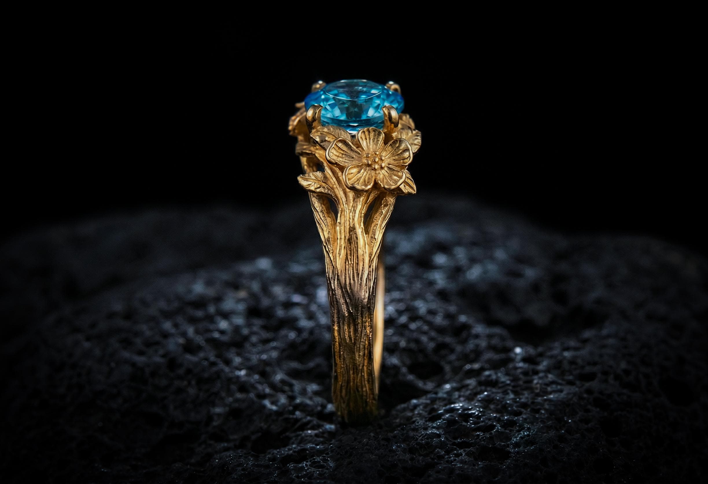 Nature Inspired Gold Engagement Ring | Blue Topaz Flower Ring | Gift for Her | Leaf and Vine Ring | Unique Floral Jewelry