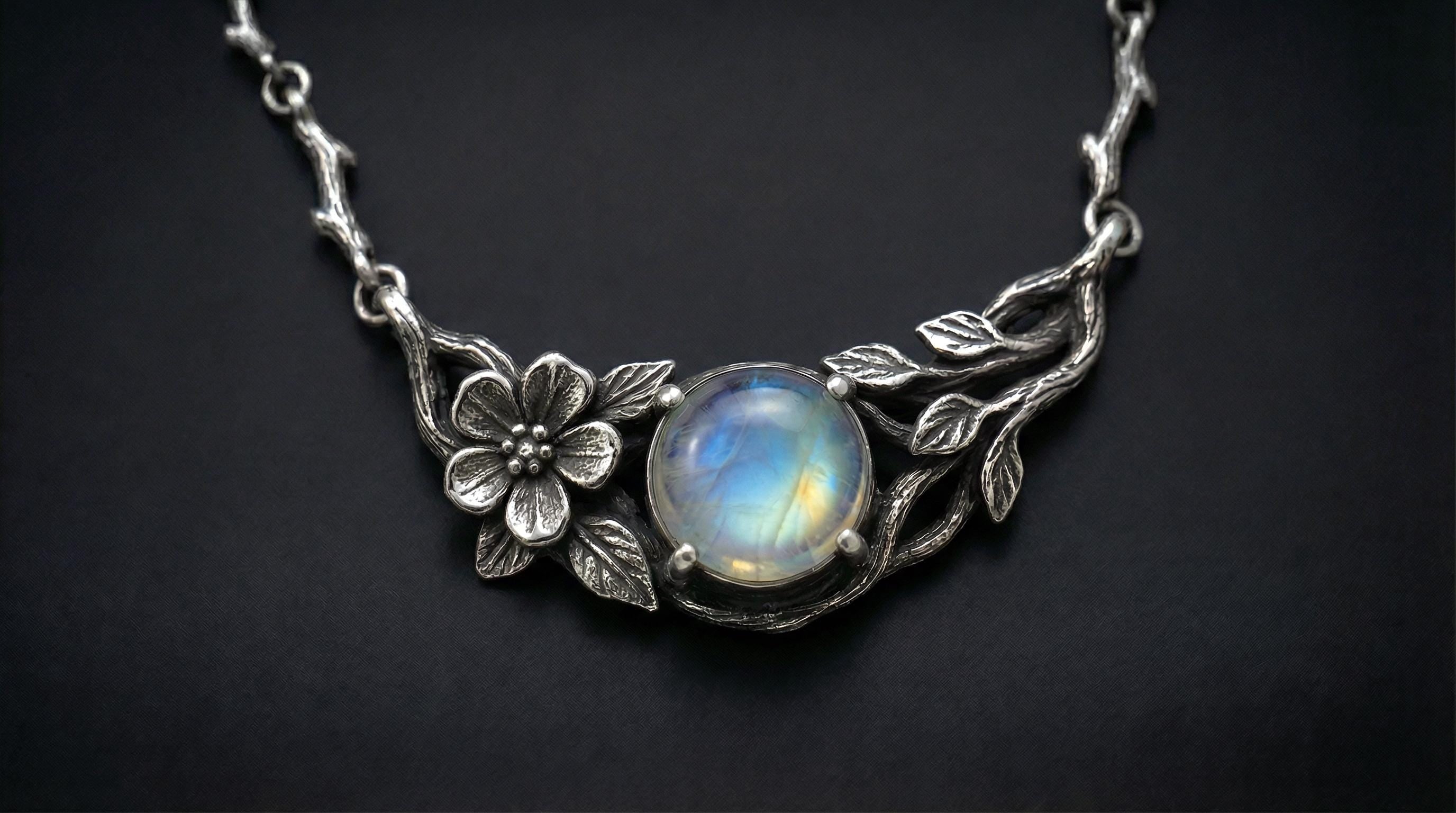 Moonstone flower necklace shown from angled side view