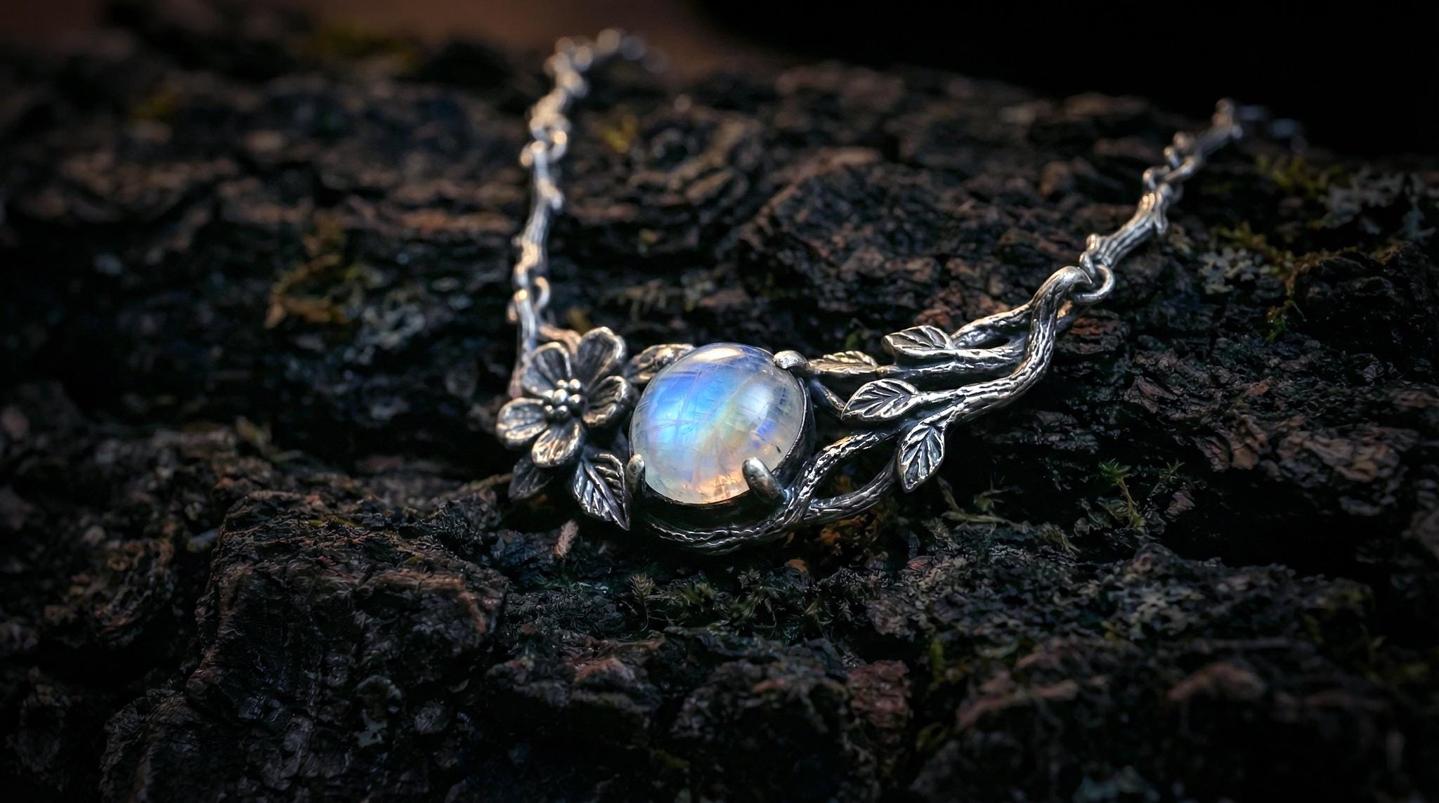 Rainbow Moonstone Sterling Silver Flower Necklace | Nature Inspired Jewelry | Branch Necklace | Moonstone Jewelry | Silver Twig Necklace