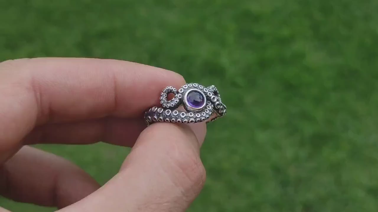 Rainbow Moonstone Octopus Ring: Sterling Silver Kraken Tentacle Jewelry