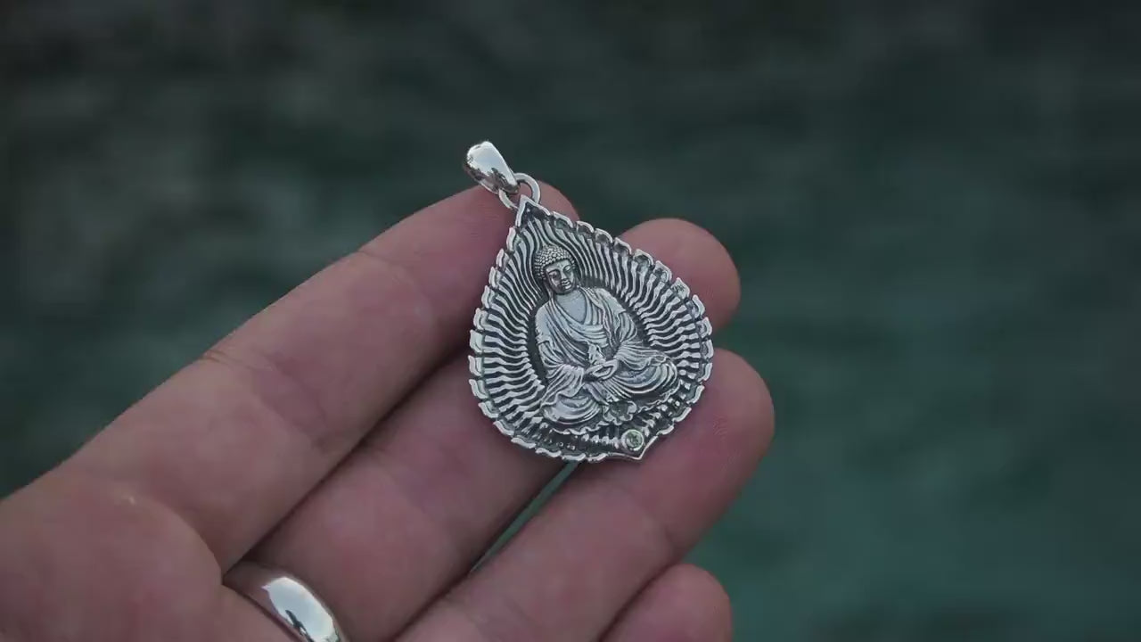 Silver Buddha Pendant with Hum Symbol | Medicine Buddha Jewelry | Buddhist Tsavorite Necklace | Spiritual Lotus Buddha Art | Meditation Gift