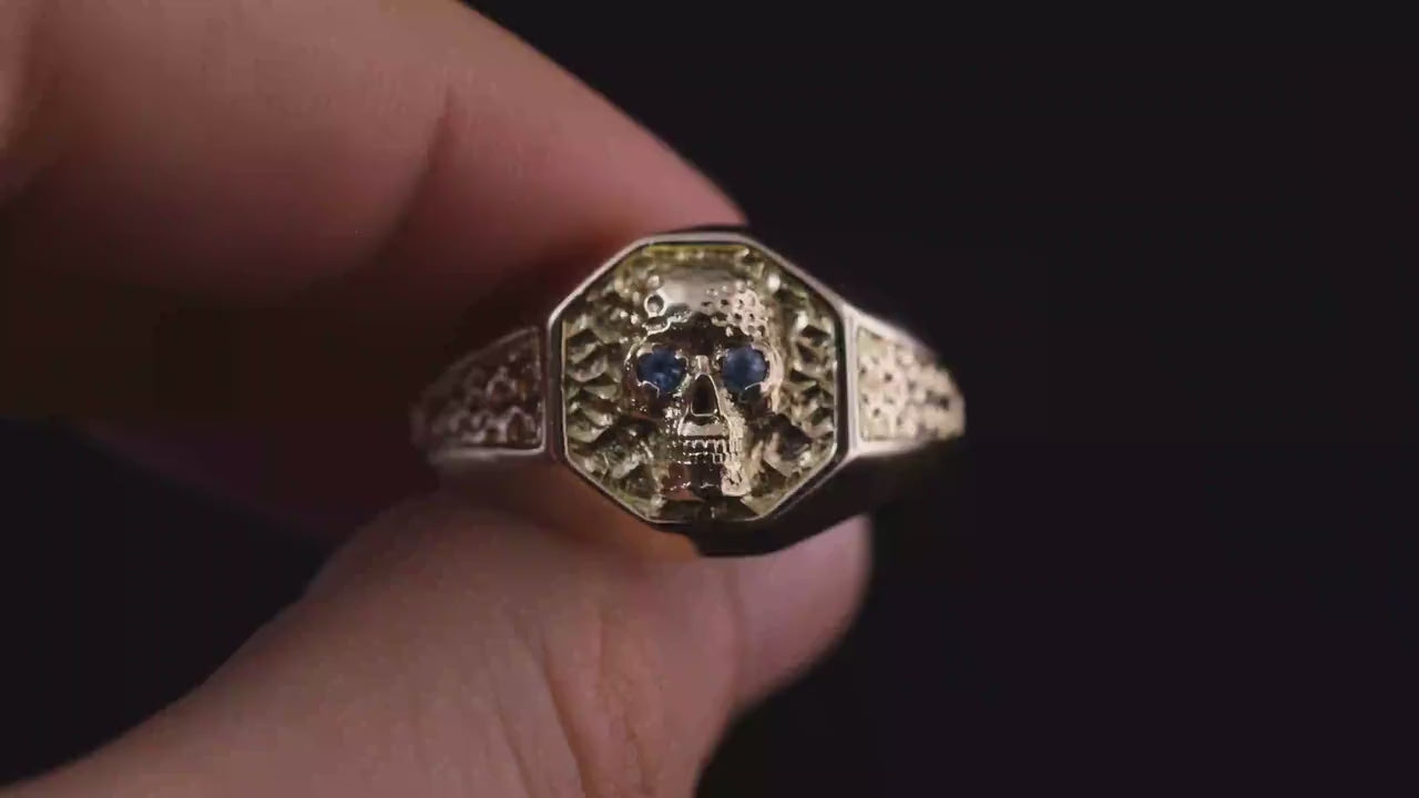 14K Gold Skull Signet Ring | Gold Skull Ring Men  | Skull Ring Gold  | Hexagon Signet Skull Ring  | Mens Gold Ring
