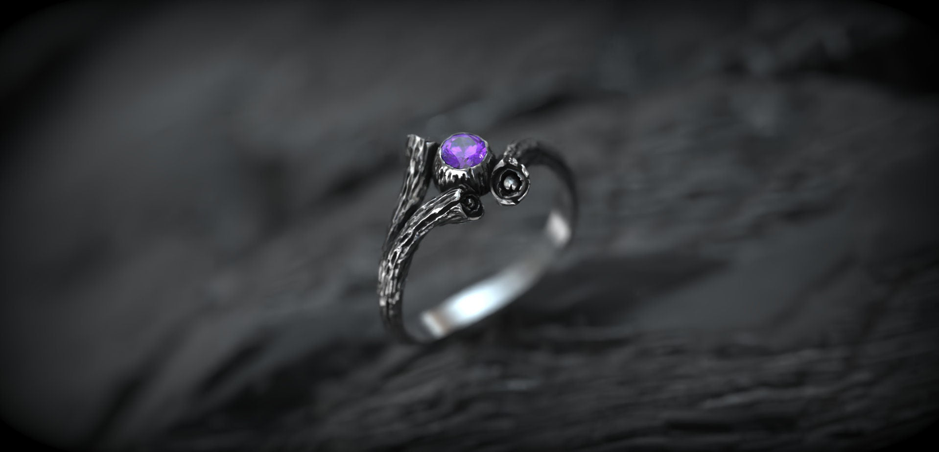 Silver Branch Engagement Ring with Amethyst